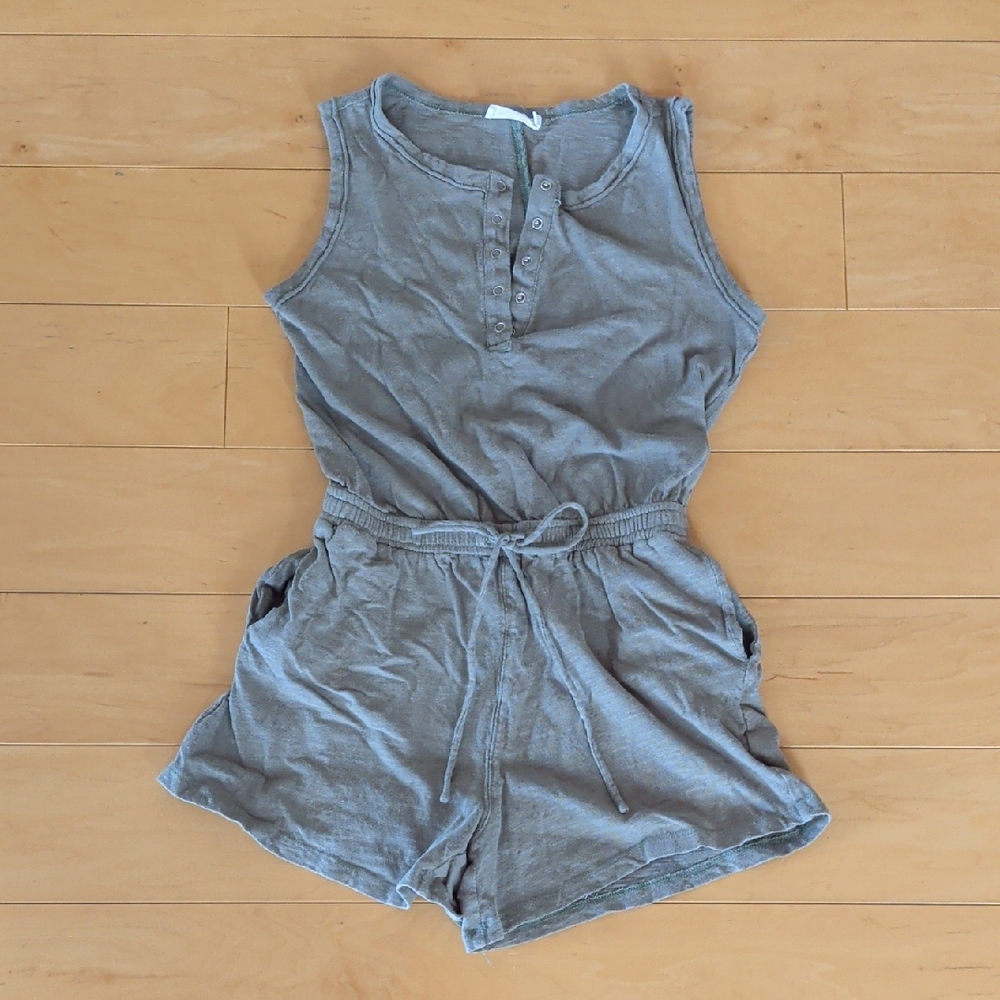 Lush Sage Green Supima Cotton Romper Small Sleeveless Pockets